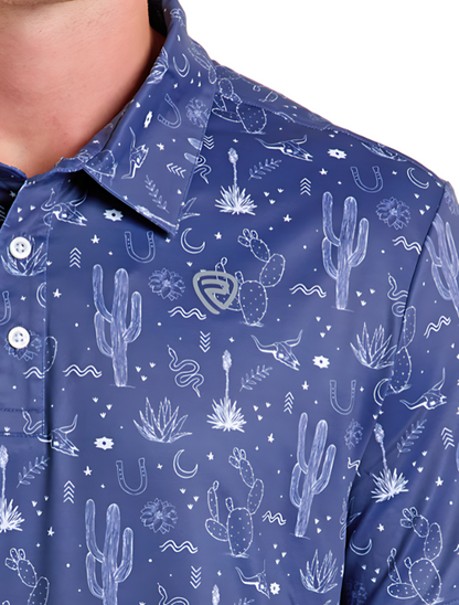 Rock & Roll Denim Men's Cactus Printed Polo in Blue