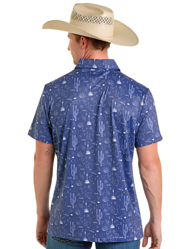 Person wearing a blue patterned shirt with a cowboy hat on a white background