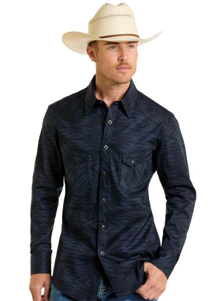 Rock & Roll Denim Men's Long Sleeve Aztec Print Snap Shirt – bold western shirt with colorful Aztec pattern, pearl snaps, and classic tailored fit