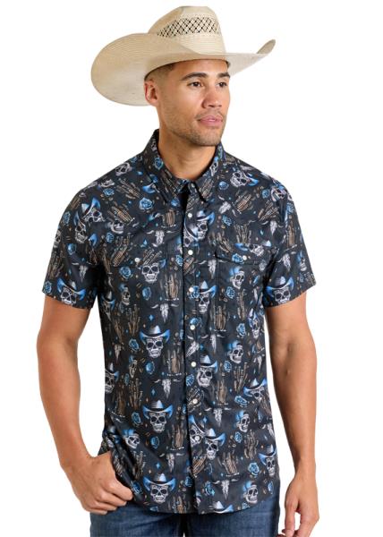 Rock & Roll Denim Men's Skull Print TEK Western Snap Shirt – edgy western shirt with bold skull print, moisture-wicking TEK fabric, and pearl snap details