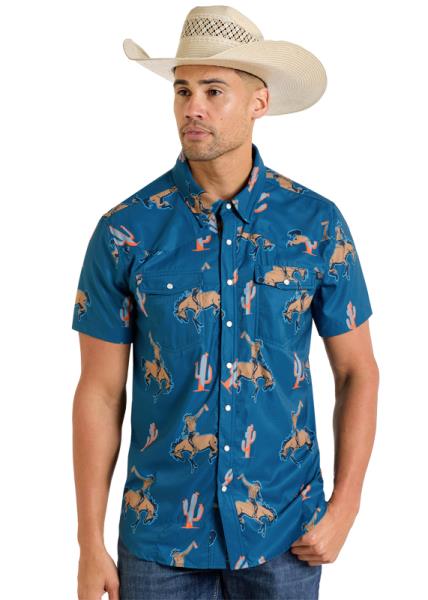 Rock & Roll Denim Men's Western Buckin' Bronco Short Sleeve Blue Snap Shirt – classic western shirt with rodeo bronco print, pearl snaps, and cowboy styling