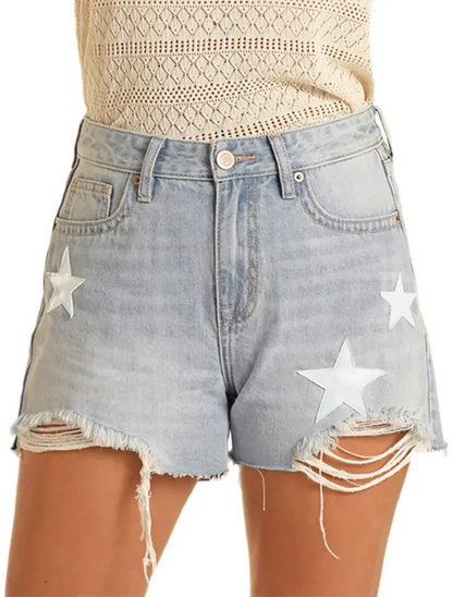 Denim shorts with star patterns and distressed edges on a white background
