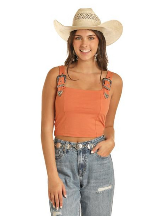 Woman wearing Rock & Roll Denim square neck crop top in a Western-inspired style, paired with high-waisted jeans made for western clothing enthusiasts