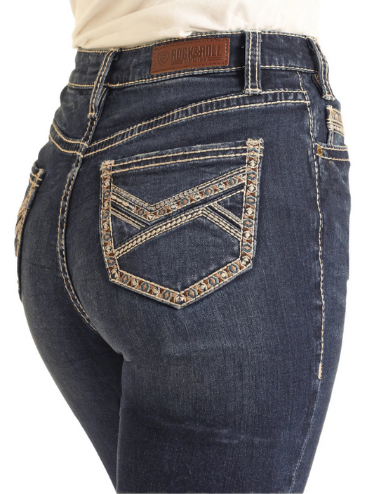 Blue jeans with decorative pocket and brand label on a white background