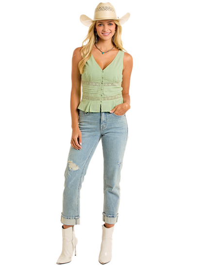 Front, full body view of the Rock & Roll Denim Eyelet Inset Tank Top in jade