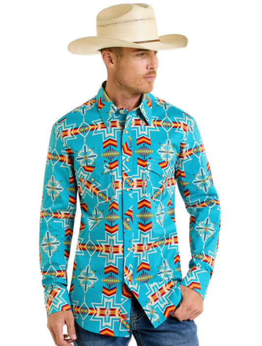 Front, torso view of the Rock & Roll Denim Men's Aztec Print Long Sleeve Western Snap Shirt