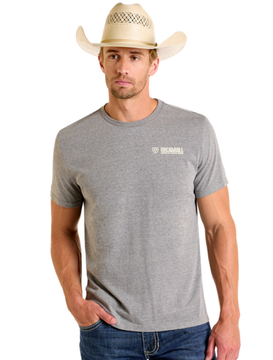 Front, torso view of Rock & Roll Denim Men's Grey Cowboy Skull Western Graphic T-Shirt