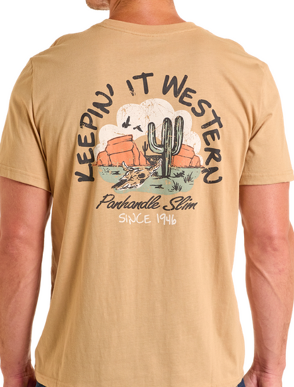 Back, torso view of Rock & Roll Men's "Keepin' It Western" Graphic T-Shirt with emphasis on back graphic and desert scene