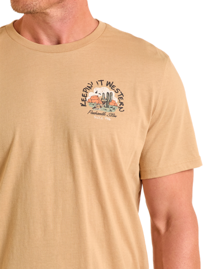 Front, closeup view of shoulder graphic on Rock & Roll Men's "Keepin' It Western" Graphic T-Shirt