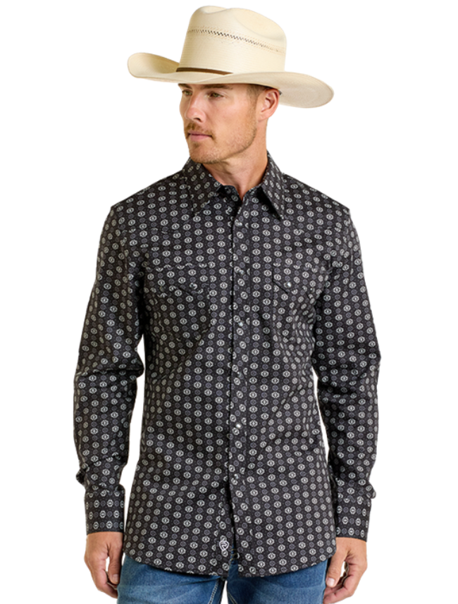 Front, torso view of Rock & Roll Denim Men's Long Sleeve Mini Aztec Print Western Snap Shirt 