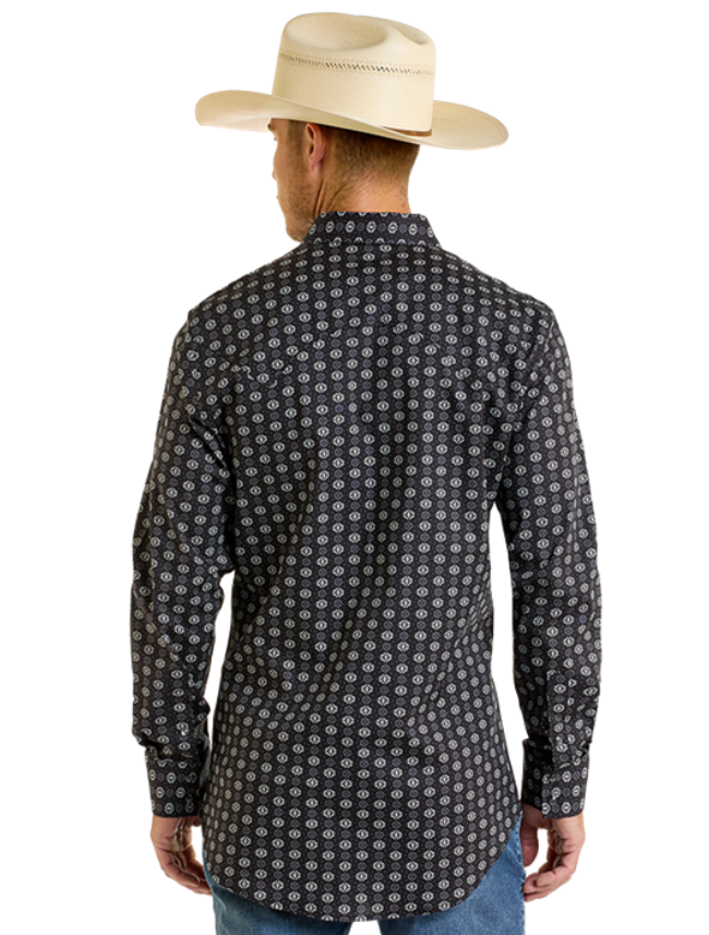 Back, torso view of Rock & Roll Denim Men's Long Sleeve Mini Aztec Print Western Snap Shirt 