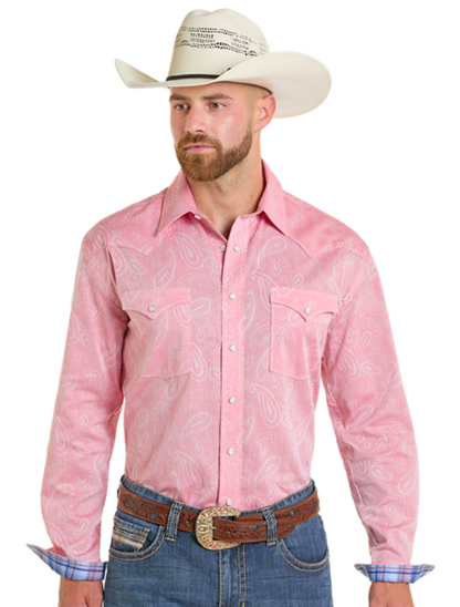 Front, torso view of the Rock & Roll Denim Men's Long Sleeve Snap Front Shirt in Rose/Mauve