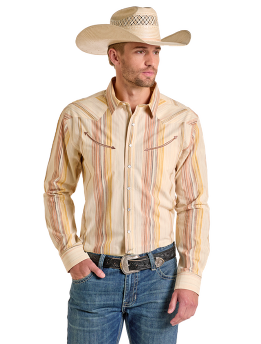 Front, torso view of the Rock & Roll Denim Men's Long Sleeve Snap Front Shirt in Taupe
