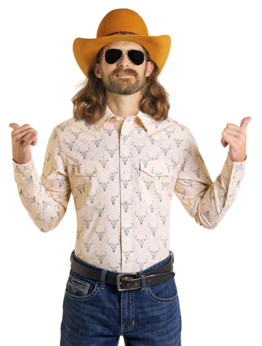 Front, torso view of the Rock & Roll Denim Men's Longhorn Print Long Sleeve Western Snap Shirt