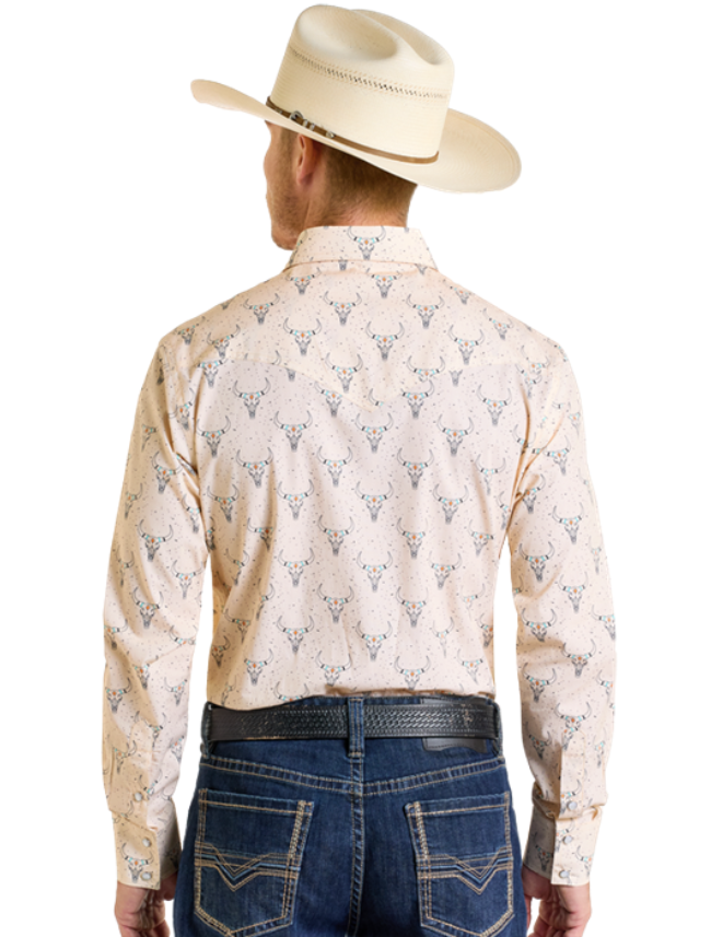Back, torso view of the Rock & Roll Denim Men's Longhorn Print Long Sleeve Western Snap Shirt