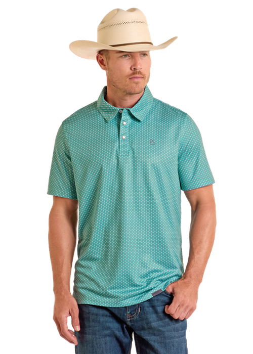 Front view of the Rock & Roll Denim Men's Short Sleeve Western Snap Front Polo in Turquoise