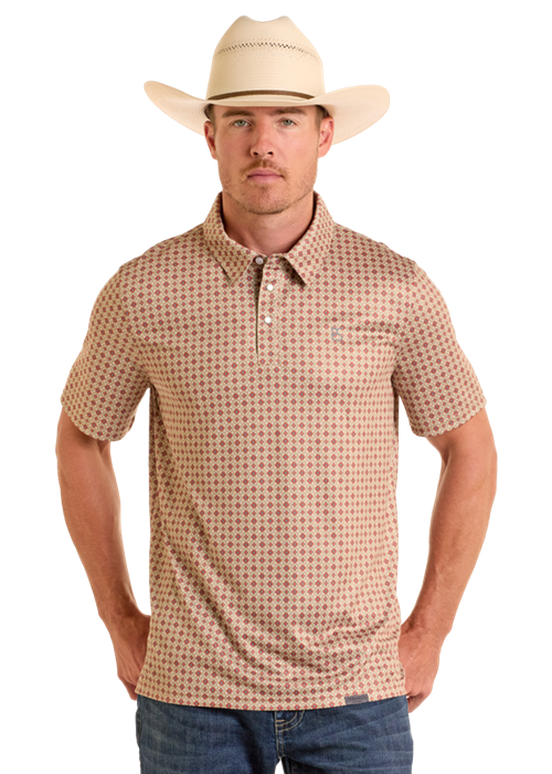 Front, torso view of Rock & Roll Denim Men's Short Sleeve Snap Front Western Polo in tan