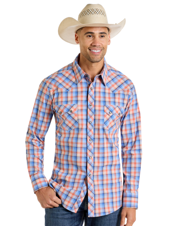 Front, torso view of the Rock & Roll Denim Men's Yarn Dyed Dobby Plaid Long Sleeve Western Snap Shirt