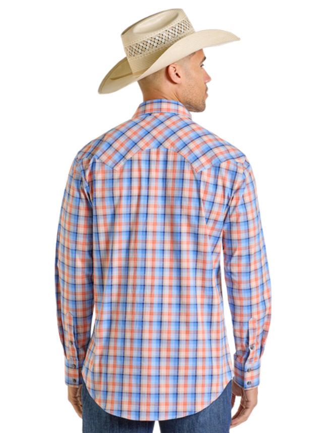 Back, torso view of the Rock & Roll Denim Men's Yarn Dyed Dobby Plaid Long Sleeve Western Snap Shirt