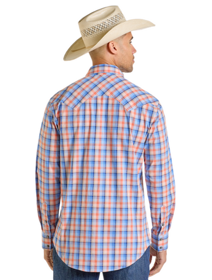 Back, torso view of the Rock & Roll Denim Men's Yarn Dyed Dobby Plaid Long Sleeve Western Snap Shirt