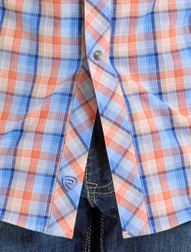 Front, close up view of the Rock & Roll Denim Men's Yarn Dyed Dobby Plaid Long Sleeve Western Snap Shirt with emphasis on the orange dobby plaid and blue brand emblem