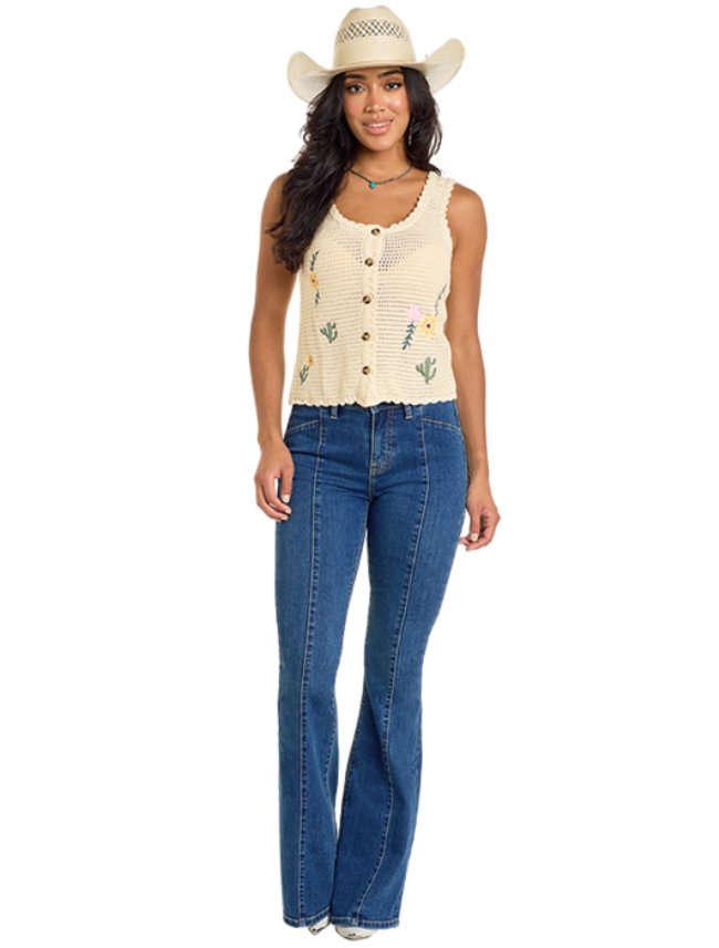 Front, full body view of Rock & Roll Denim's Women's Crochet Western Top with Embroidery