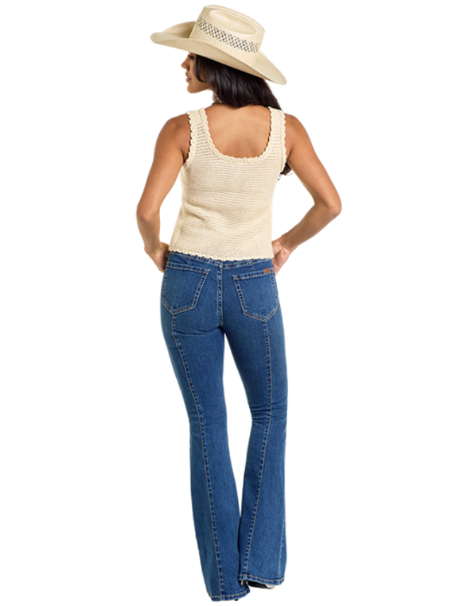 Back, full body view of Rock & Roll Denim's Women's Crochet Western Top with Embroidery