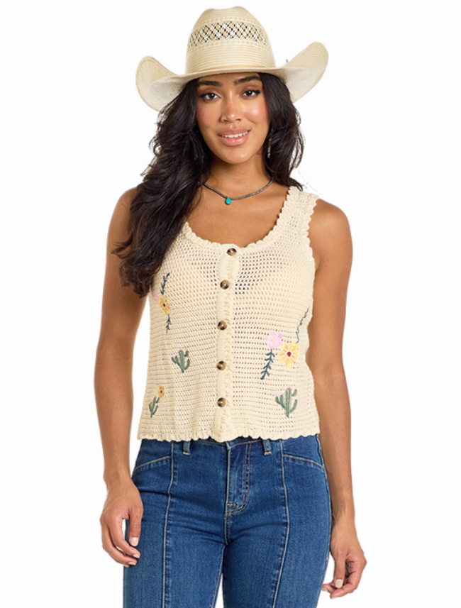 Front, torso view of Rock & Roll Denim's Women's Crochet Western Top with Embroidery, with focus on the floral embroidery