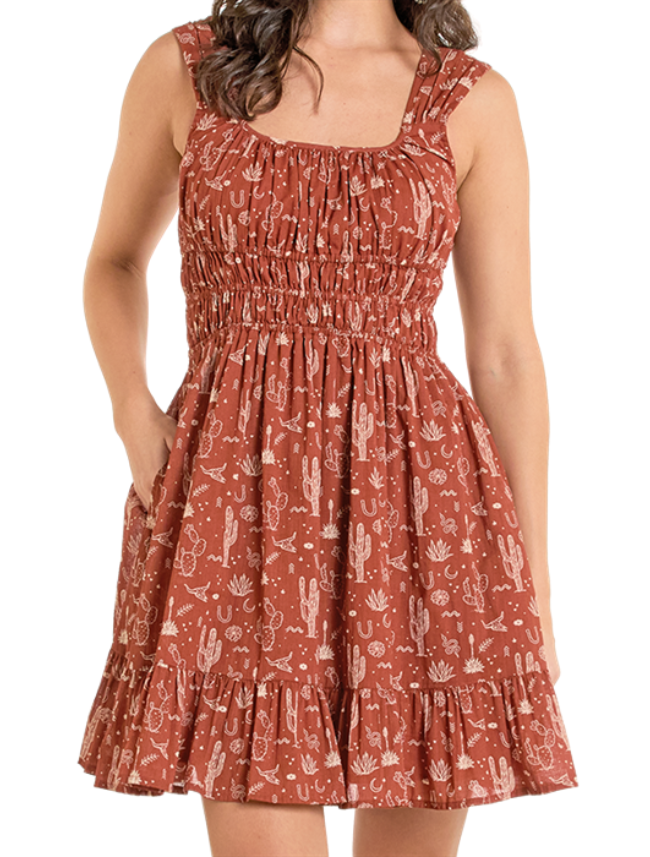 Front, torso view of the Rock & Roll Denim Desert Print Western Mini Dress with emphasis on desert print