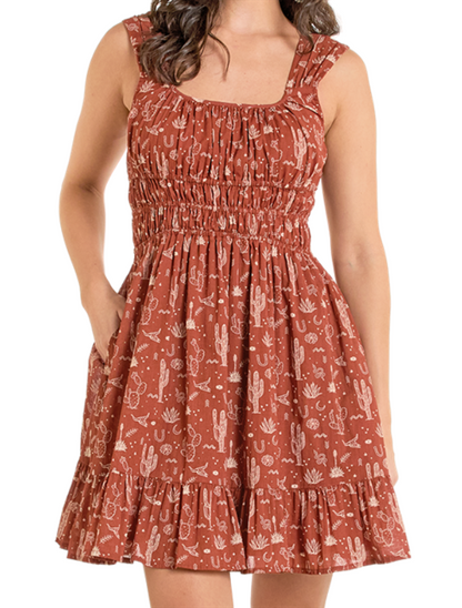 Front, torso view of the Rock & Roll Denim Desert Print Western Mini Dress with emphasis on desert print