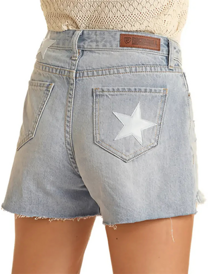 Light blue denim shorts with a white star pocket design on a white background