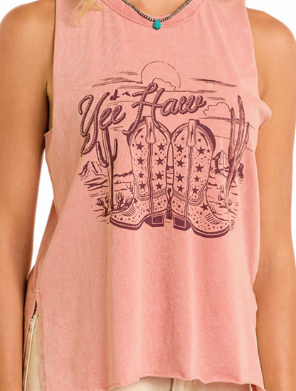 Front close-up of the Rock & Roll Denim Women's Western Graphic Tank in Rose with clear view of the cowboy boots,  desert scene, and "Yee Haw" rope text
