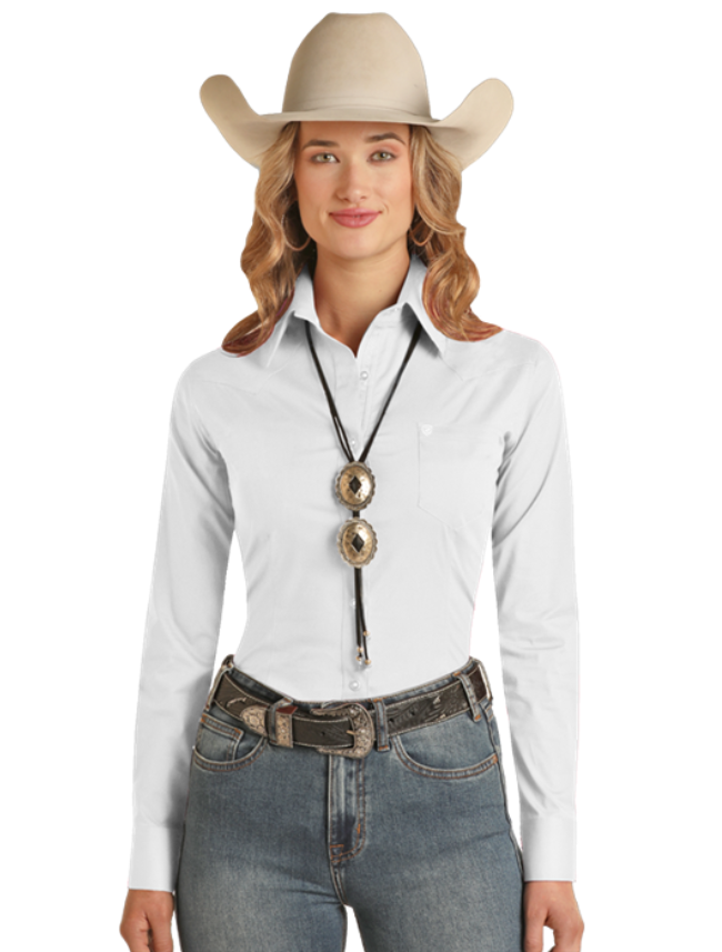 Front, torso view of the Rock & Roll Denim Women's Long Sleeve Solid Twill Rodeo Shirt in white