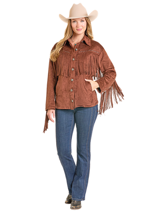 Woman wearing a brown fringed jacket and blue jeans on a white background