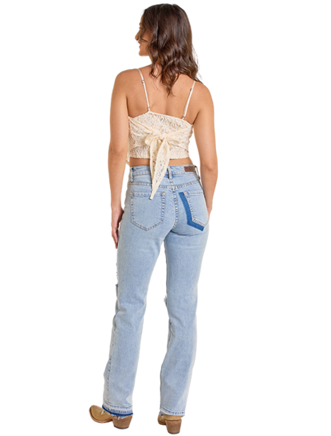 Back, full body view of the Rock & Roll Denim Women's Stretch Lace Bandana Top