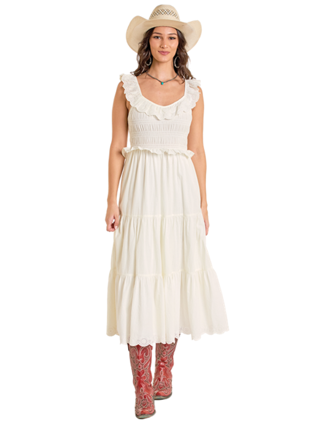 Front, full body view of the Rock & Roll Denim Women's Tiered Eyelet Western Dress