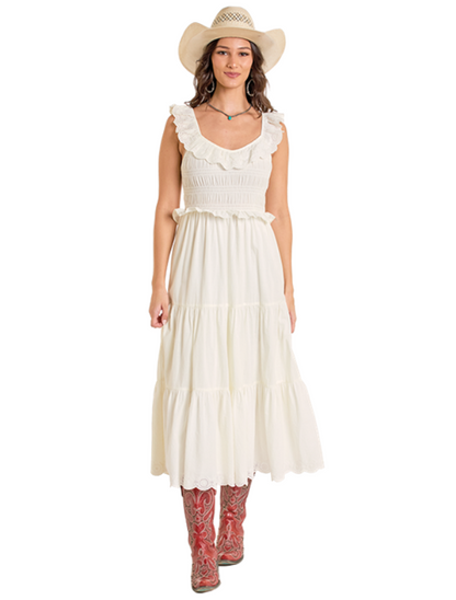 Front, full body view of the Rock & Roll Denim Women's Tiered Eyelet Western Dress