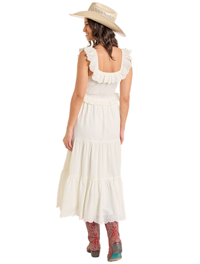 Back, full body view of the Rock & Roll Denim Women's Tiered Eyelet Western Dress