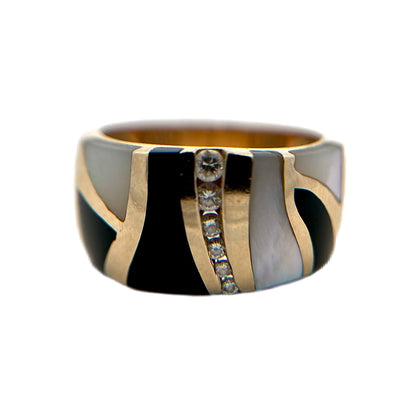 14K Yellow Gold Diamond, Black Jade, & Mother of Pearl Ring