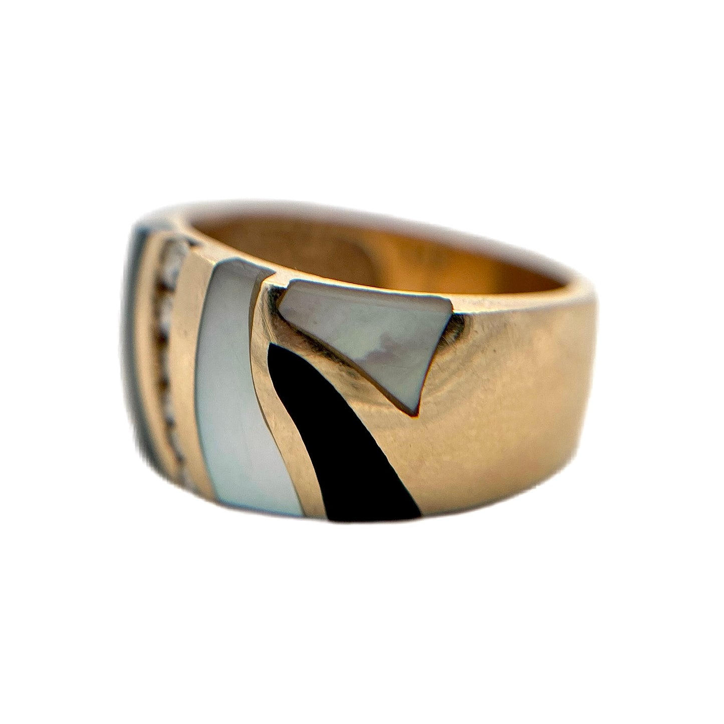 14K Yellow Gold Diamond, Black Jade, & Mother of Pearl Ring