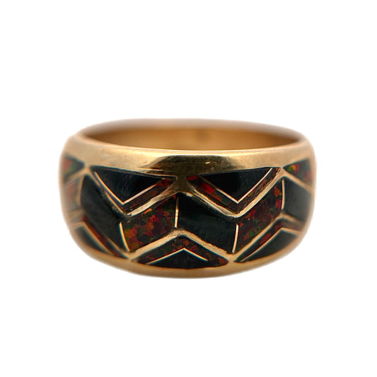 14K Yellow Gold Black Jade & Red Opal Ring