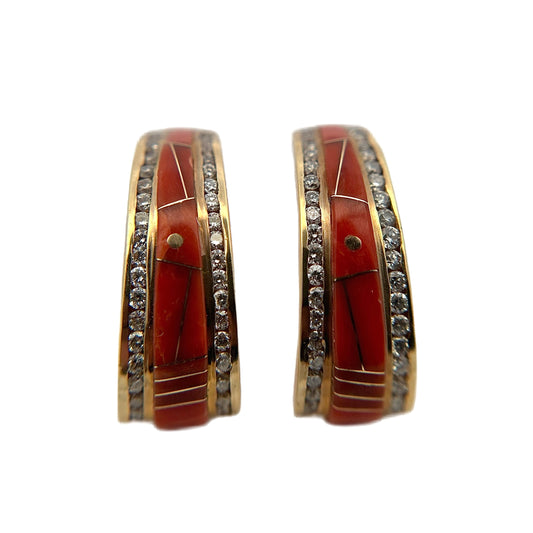 14K Yellow Gold Red Coral & Diamond Earrings