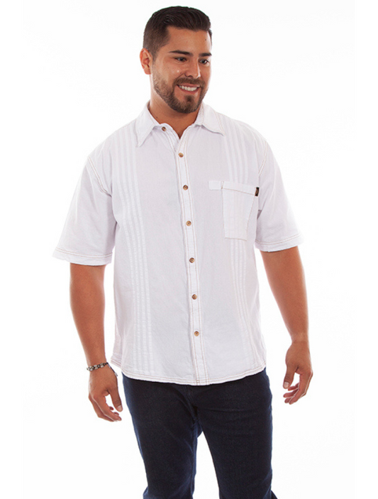 Man wearing a white short-sleeve button-up shirt with a collar on a white background