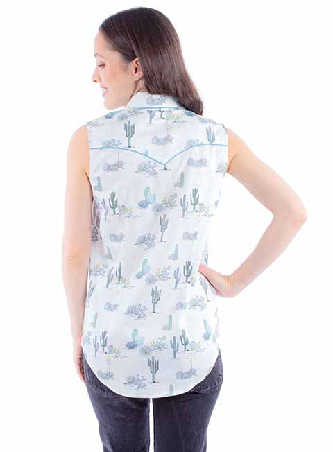 Back view of Scully Women's Desert Cactus Scene Sleeveless Top – featuring a flattering fit and eye-catching cactus scene, ideal for warm-weather outings