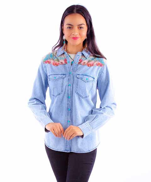Scully Women's Denim Microfiber Cactus Scene Shirt – front view featuring vibrant cactus print on lightweight denim microfiber fabric