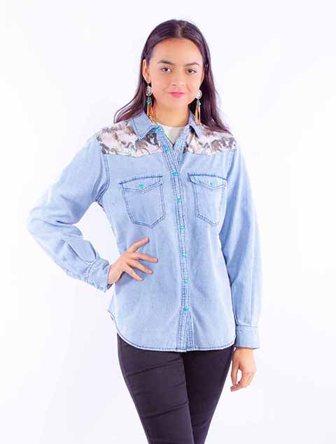 Scully Women's Denim Microfiber Horse Scene Snap Front Shirt – western-inspired denim shirt with detailed horse print and snap-front closure