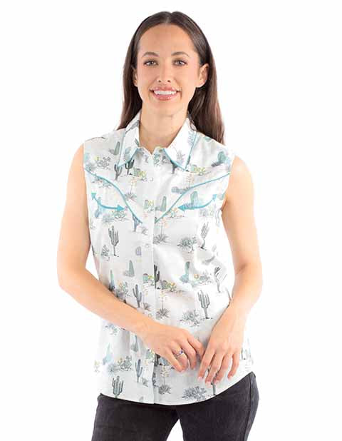 Scully Women's Desert Cactus Scene Sleeveless Top – stylish and youthful design with vibrant cactus print, perfect for a casual western-inspired look
