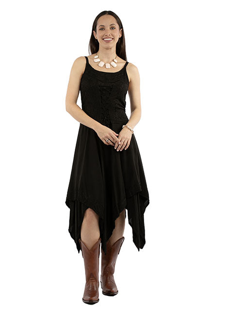 Scully Women's Lace-up Front Dress with Embroidery in Black – elegant black dress with embroidered floral accents and lace-up front design