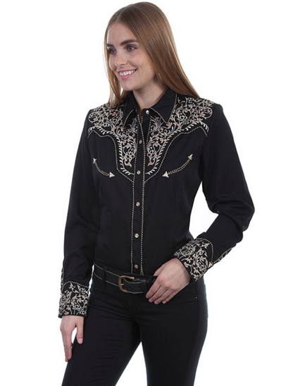 Front view of Scully Women's Scroll Embroidery Long Sleeve Snap Shirt