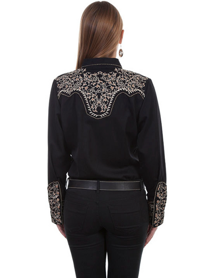 Side view of Scully Women's Scroll Embroidery Long Sleeve Snap Shirt